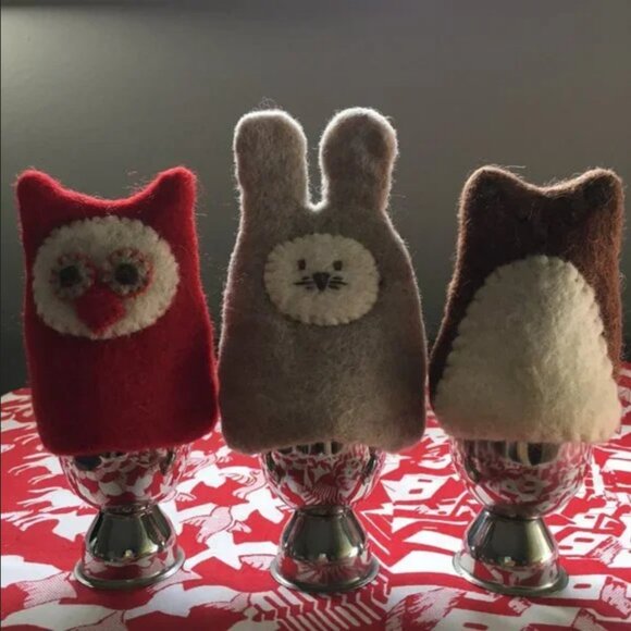 Handmade Felted Wool Rabbit Egg Cozy with Metal Egg Cup - Picture 7 of 13
